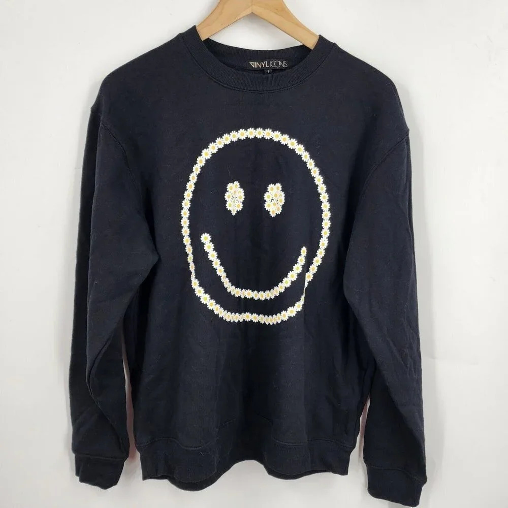 Vinyl‎ Icons Women's Smiling Sunflower Sweatshirt Crewneck Pullover Size S NWT